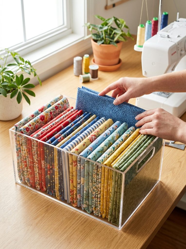 Fabric filing storage method with fabric pieces folded upright in bin like filing folders showing colors from above