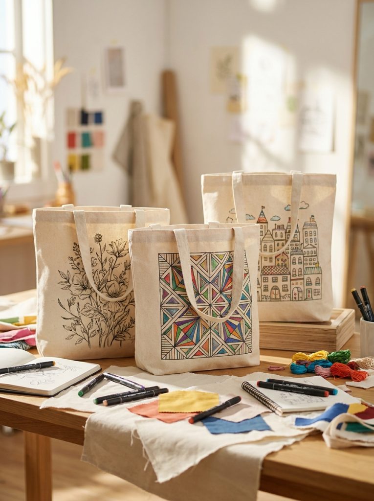 Beautiful fabric marker tote bag painting ideas with canvas bags decorated in detailed drawings and illustrations with precision markers