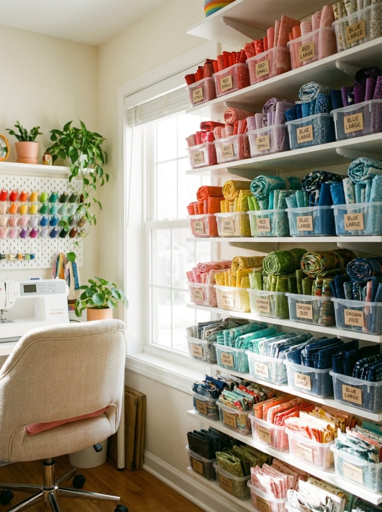 Organized fabric scrap storage with small clear bins sorted by color and size in bright sewing room