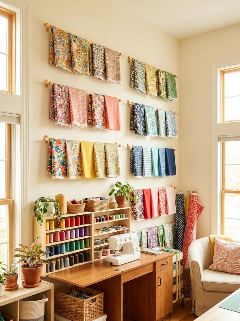 Creative fabric storage display wall with fabric pieces draped over wooden dowels in bright sewing room