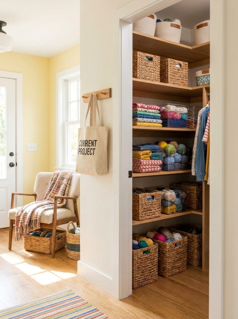 Fabric storage integrated into home closet with baskets bins and project bag on hook in bright organized space