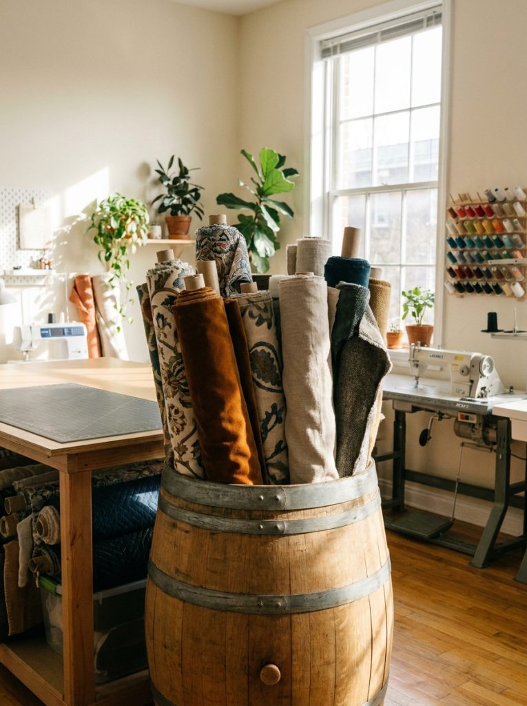 Fabric storage for large upholstery fabric rolls stored vertically in large bin in bright organized workroom
