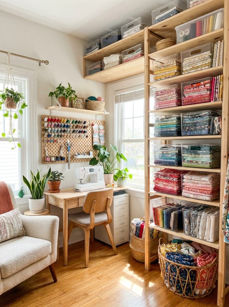 Clever fabric storage in small sewing space with vertical wall-mounted shelves and clear bins