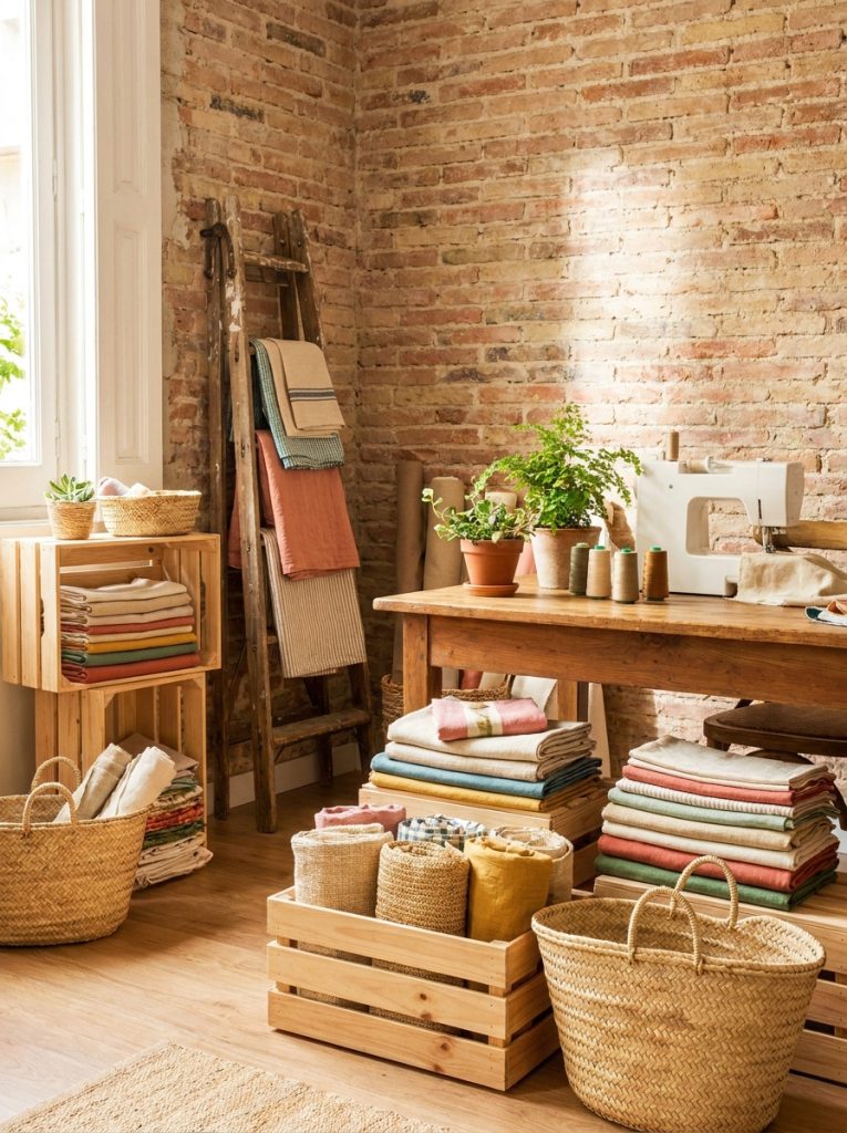 Rustic fabric storage with wooden crates woven baskets and vintage ladder display rack in warm sewing room
