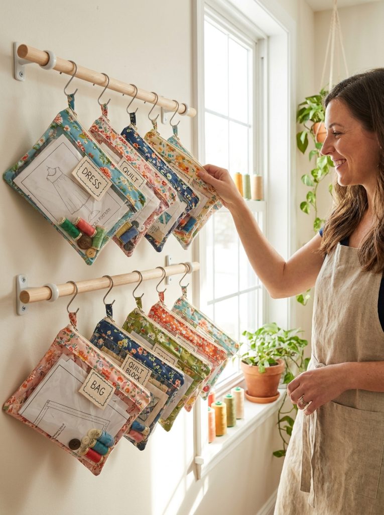 Clear project bags with fabric pattern and notions for individual sewing projects hanging organized