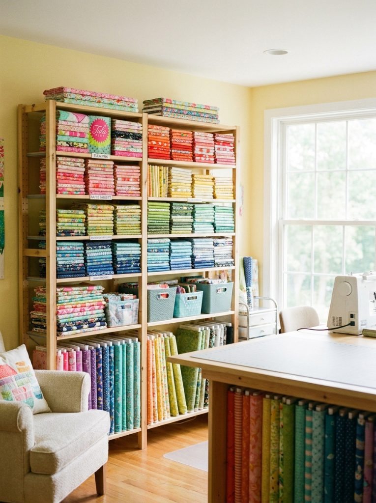 Beautiful quilting fabric storage with collections organized by designer on shelves in bright quilting studio