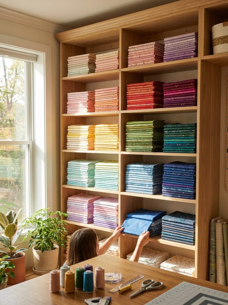 Quilting fabric storage organized by color in rainbow order on open shelves in bright studio