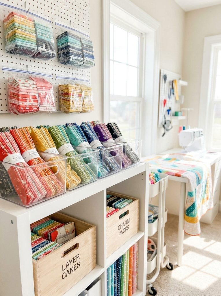 Jelly roll and pre-cut fabric storage with rolls upright in clear bin and charm packs in labeled boxes