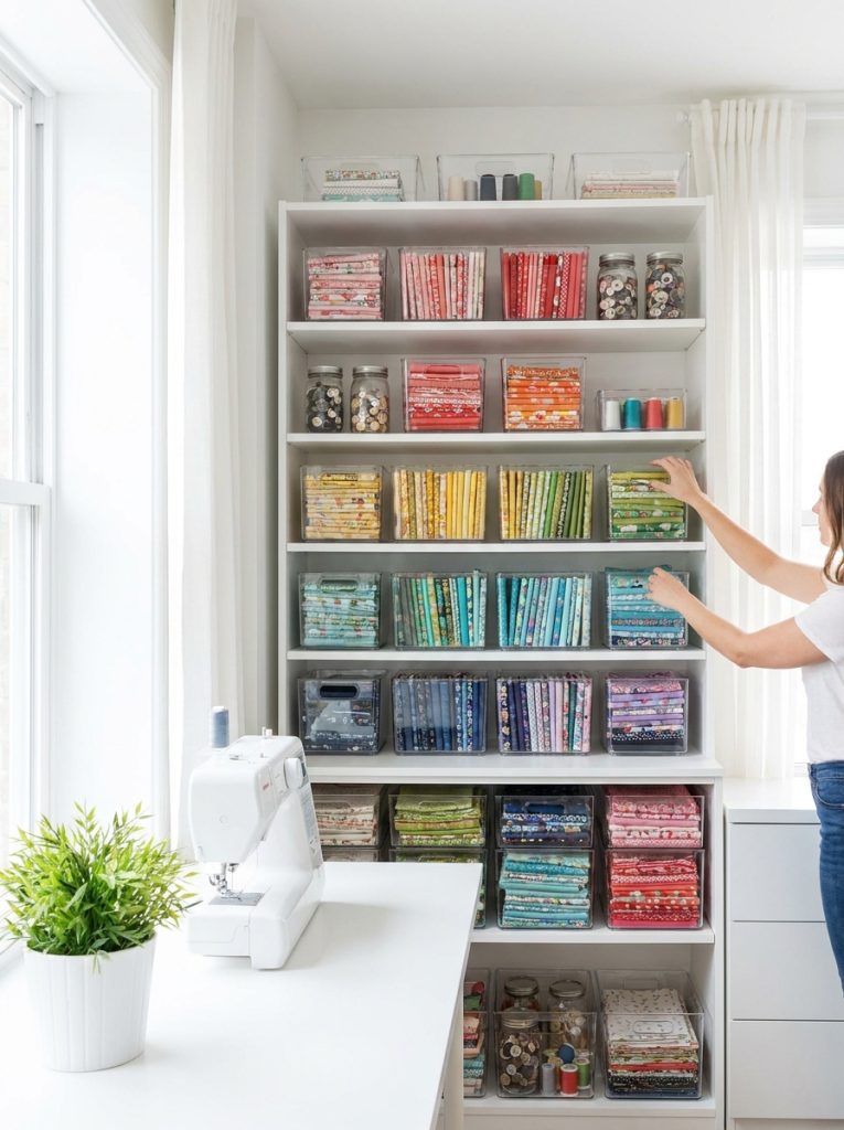 Modern aesthetic fabric storage with white shelving clear acrylic bins and folded fabric in bright sewing room