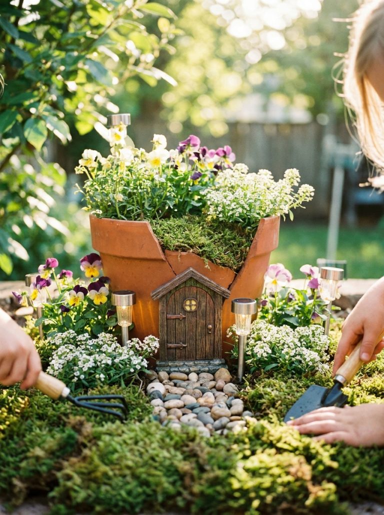 Beautiful fairy garden for kids with tiny door pebble path and solar lights in sunny backyard