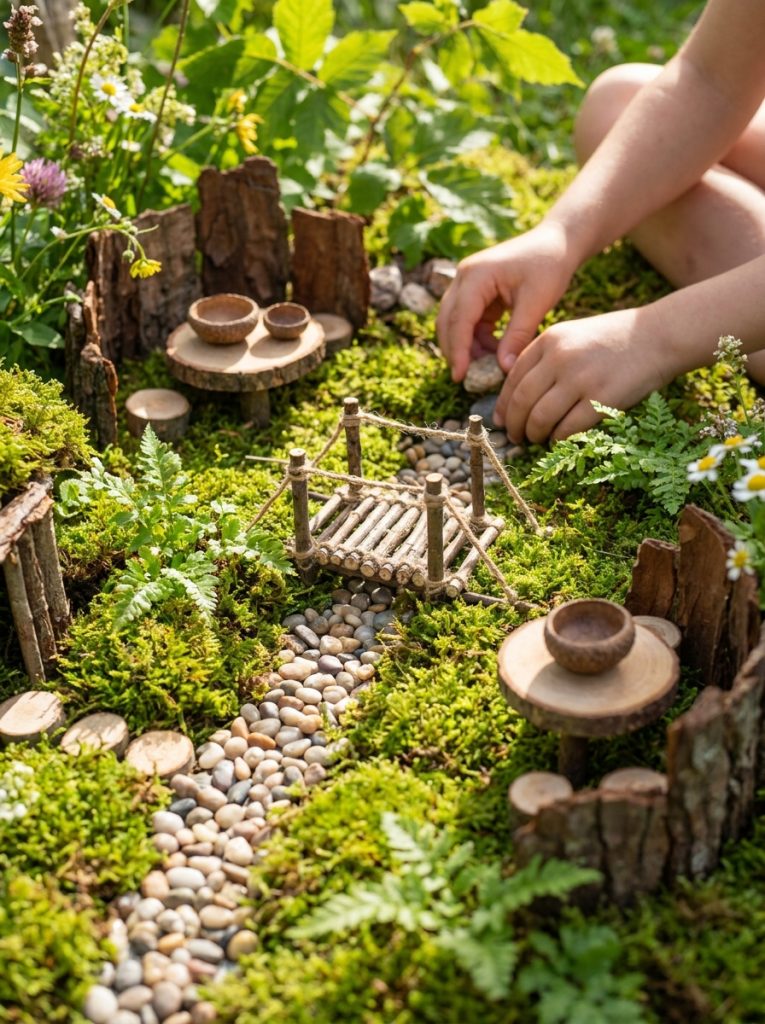 Beautiful natural materials fairy garden with pebble path moss twig bridge and acorn cups in sunny garden