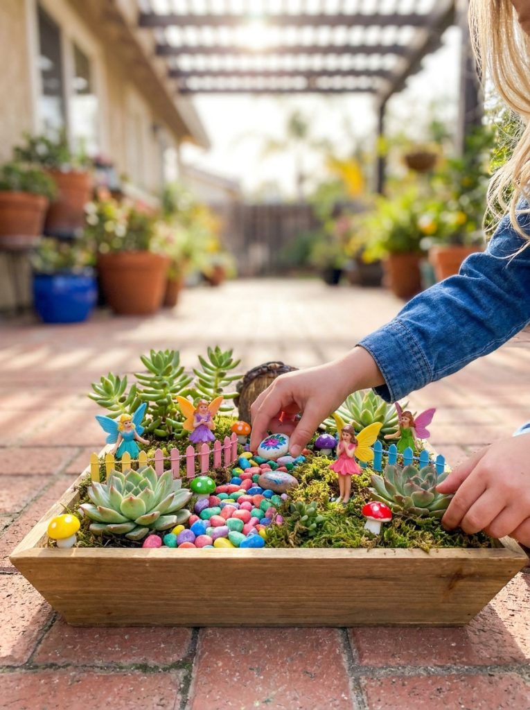 Creative dollar store fairy garden with colorful accessories in large shallow planter on sunny patio