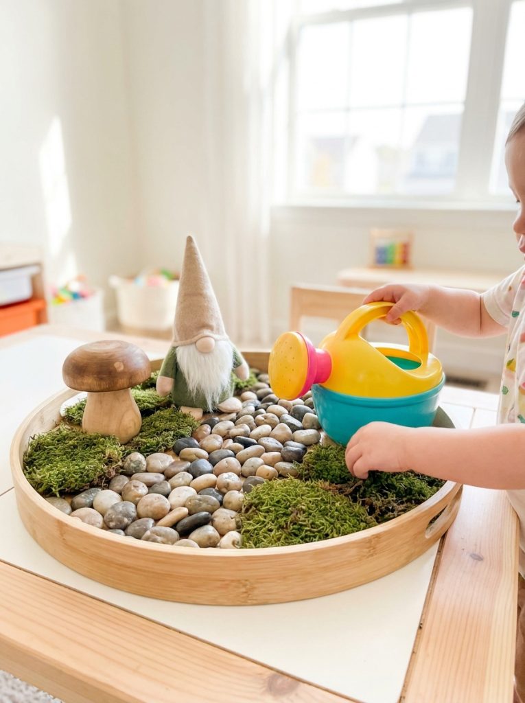  Simple fairy garden for toddlers in shallow tray with smooth pebbles moss and chunky safe accessories