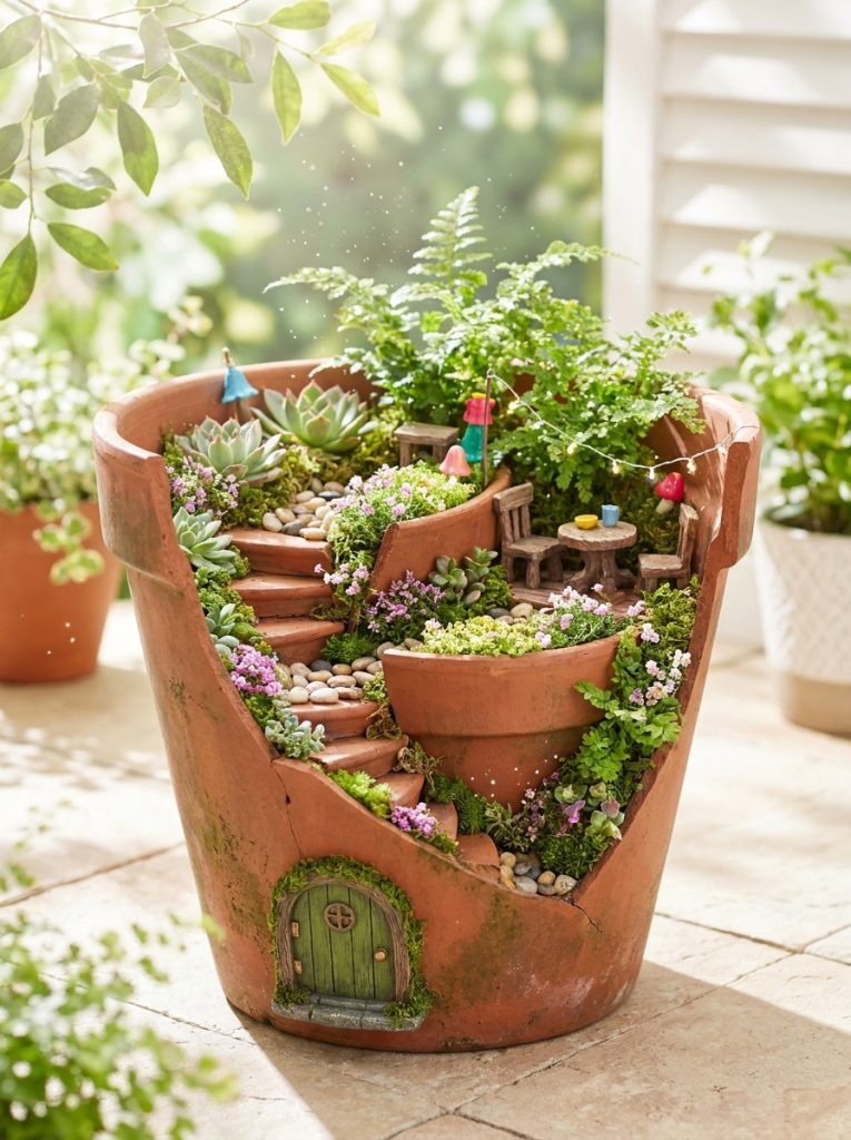  Creative fairy garden in broken terracotta pot arranged in cascading staircase with plants and accessories