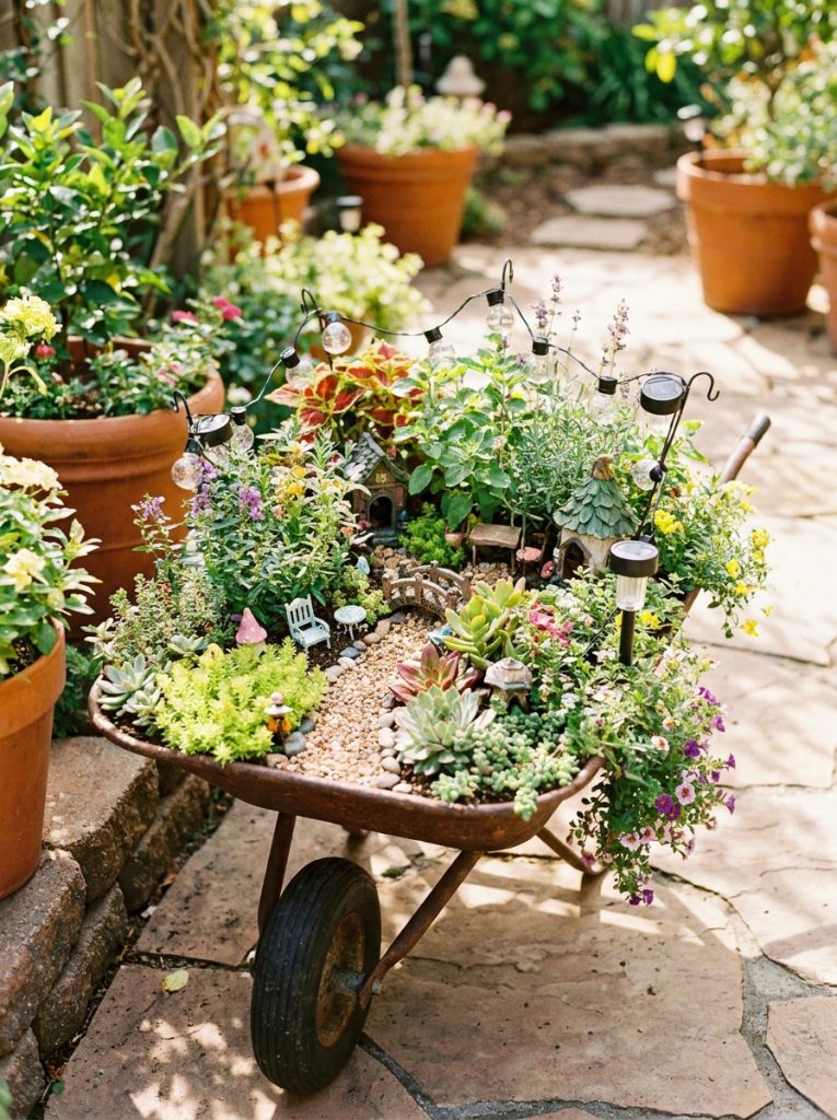 Charming fairy garden planted in small decorative wheelbarrow with colorful plants accessories and solar lights