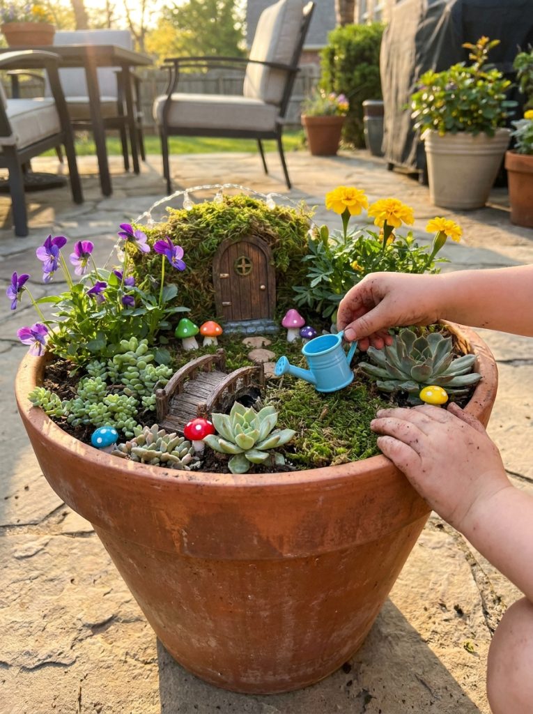 Magical fairy garden kit assembled in large terracotta pot with tiny door and accessories on sunny patio