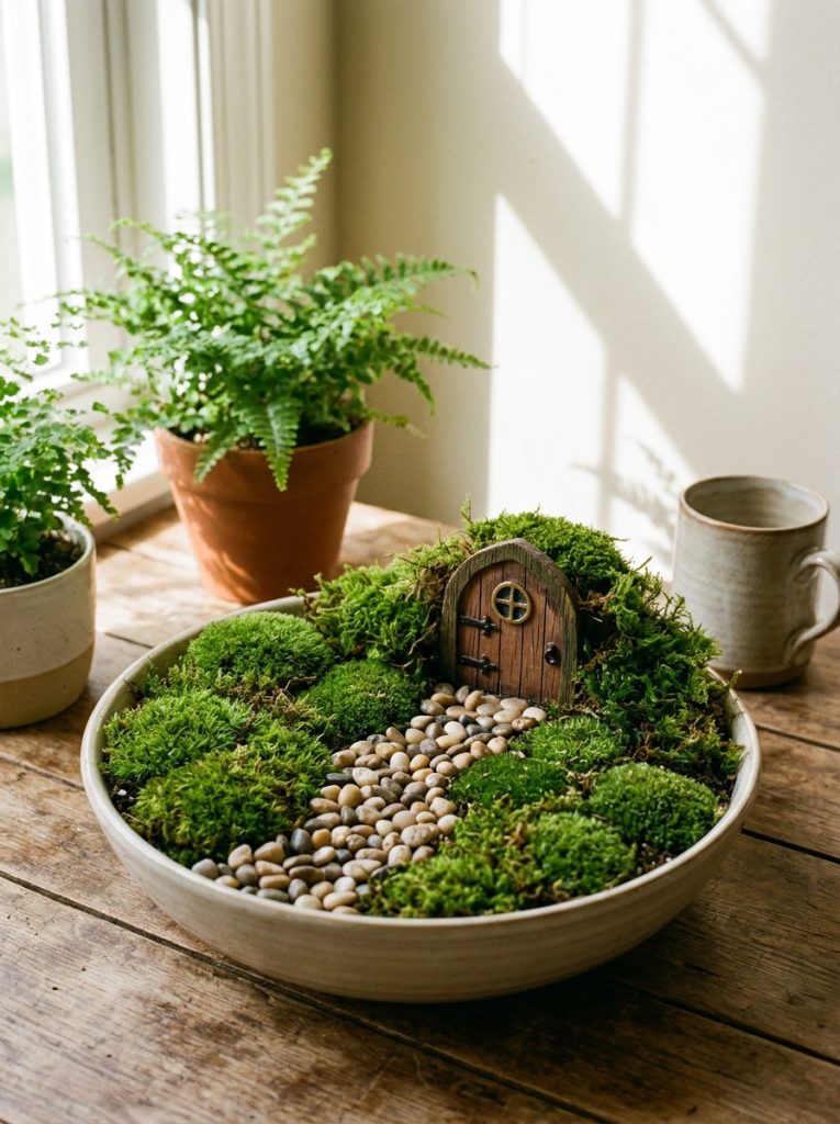 Simple beautiful fairy garden with green moss pebble stream and tiny door in wide shallow bowl