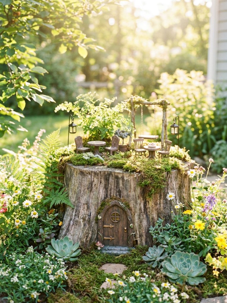 agical fairy garden on tree stump with tiny door miniature accessories moss and small plants in sunny garden