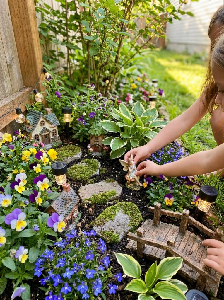 Magical outdoor fairy garden play space in backyard with stepping stones tiny bridge and solar lights