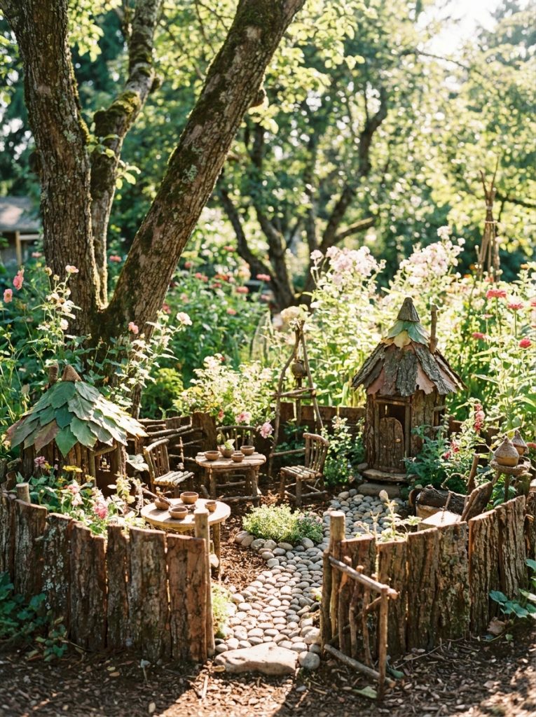  Fairy garden play space made entirely from natural materials bark twigs pebbles and acorns in sunny garden