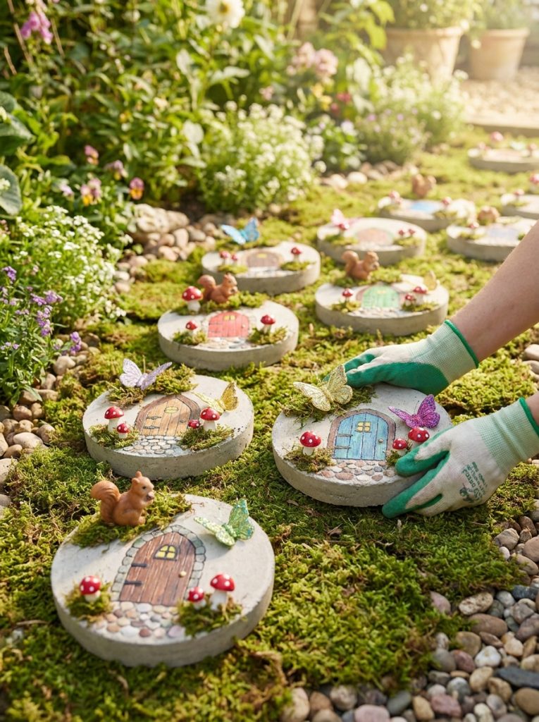 Adorable fairy garden stepping stones DIY with miniature mushroom paintings fairy doors toadstool patterns and woodland creature elements
