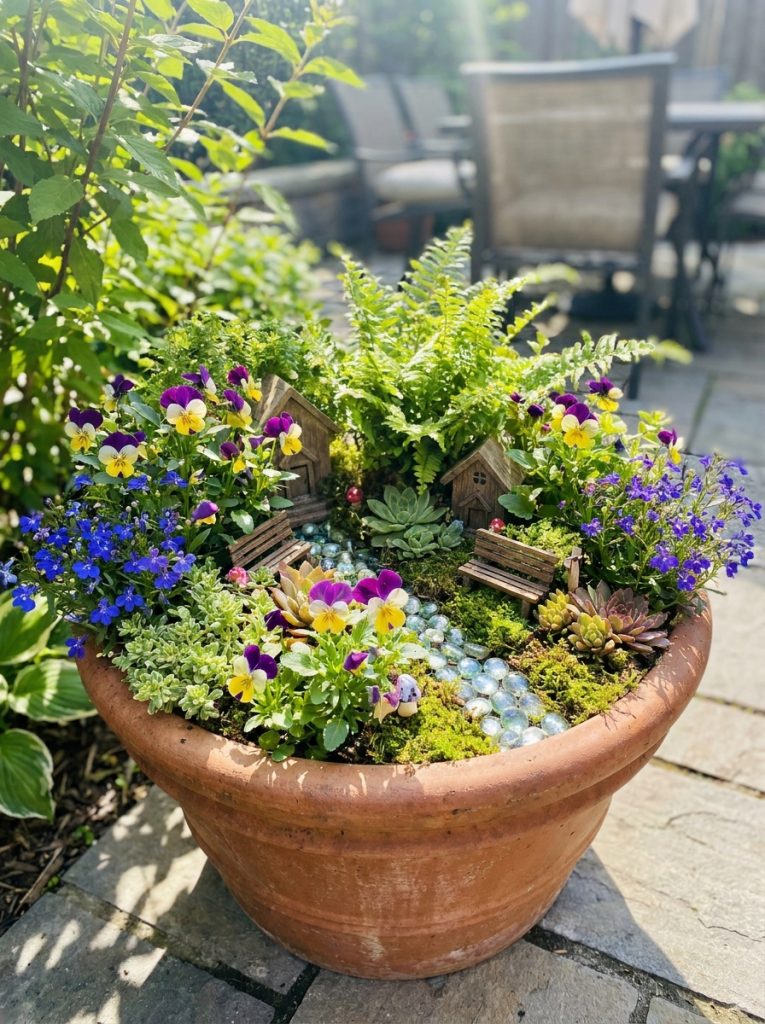 Lush fairy garden overflowing with real colorful flowers and plants alongside miniature accessories in pot