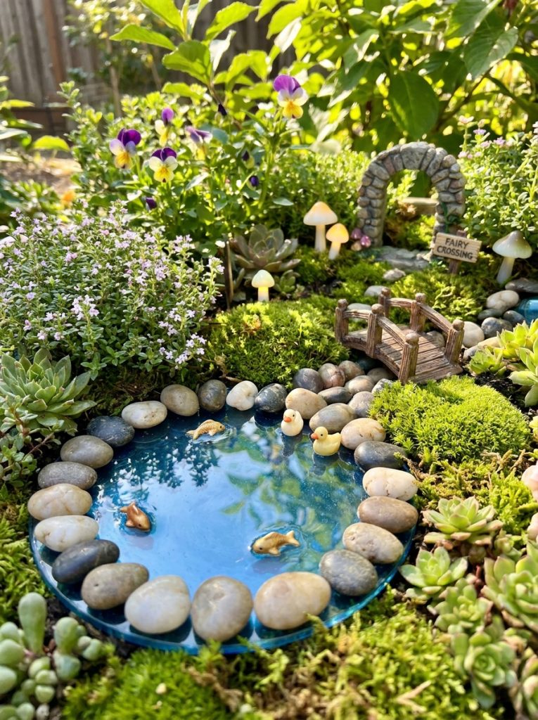  Magical fairy garden with tiny pebble pond mirror and duck accessories surrounded by moss and small plants