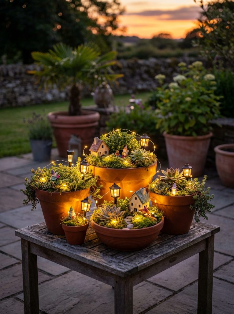 Magical fairy garden with glowing solar lights at dusk wound through miniature plants and accessories