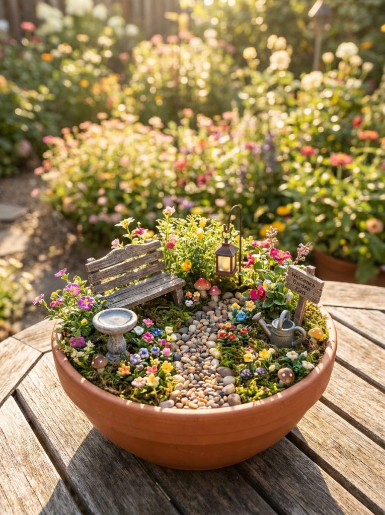  Detailed miniature fairy garden with tiny bench bird bath lantern and pebble path in sunny garden