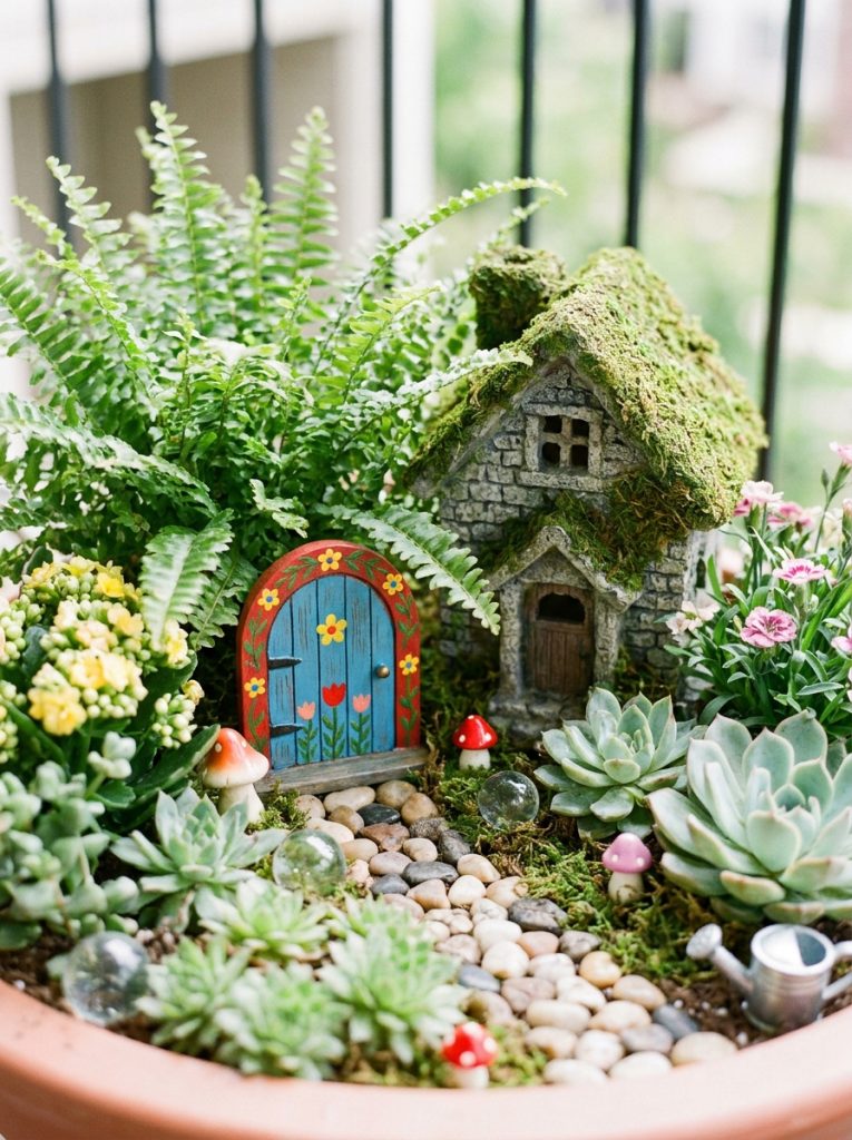 Charming fairy garden with tiny painted wooden door and miniature house tucked into moss and plants
