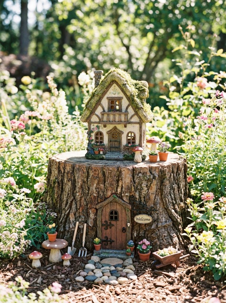 Beautiful detailed fairy house and gnome door display on tree stump with tiny windows and miniature garden accessories