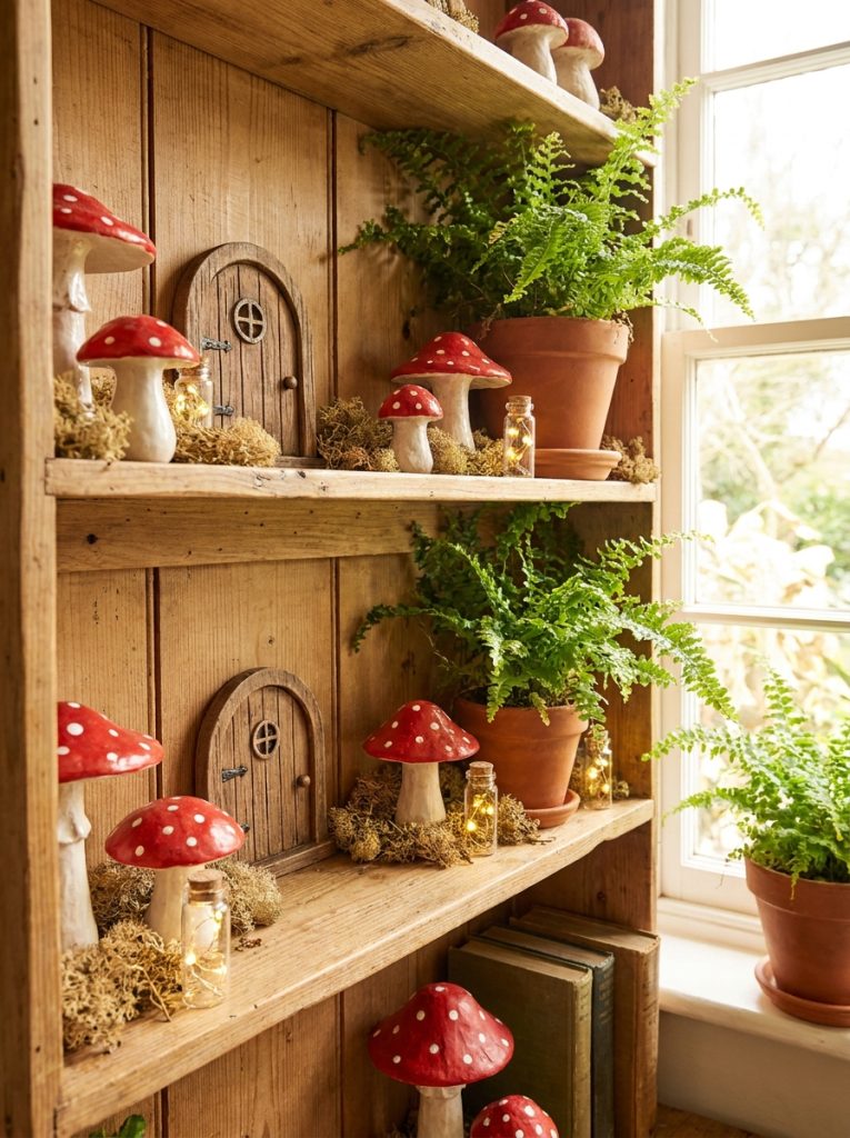 Enchanting fairy mushroom whimsical craft decorations with clay toadstools fairy doors and moss creating magical shelf display