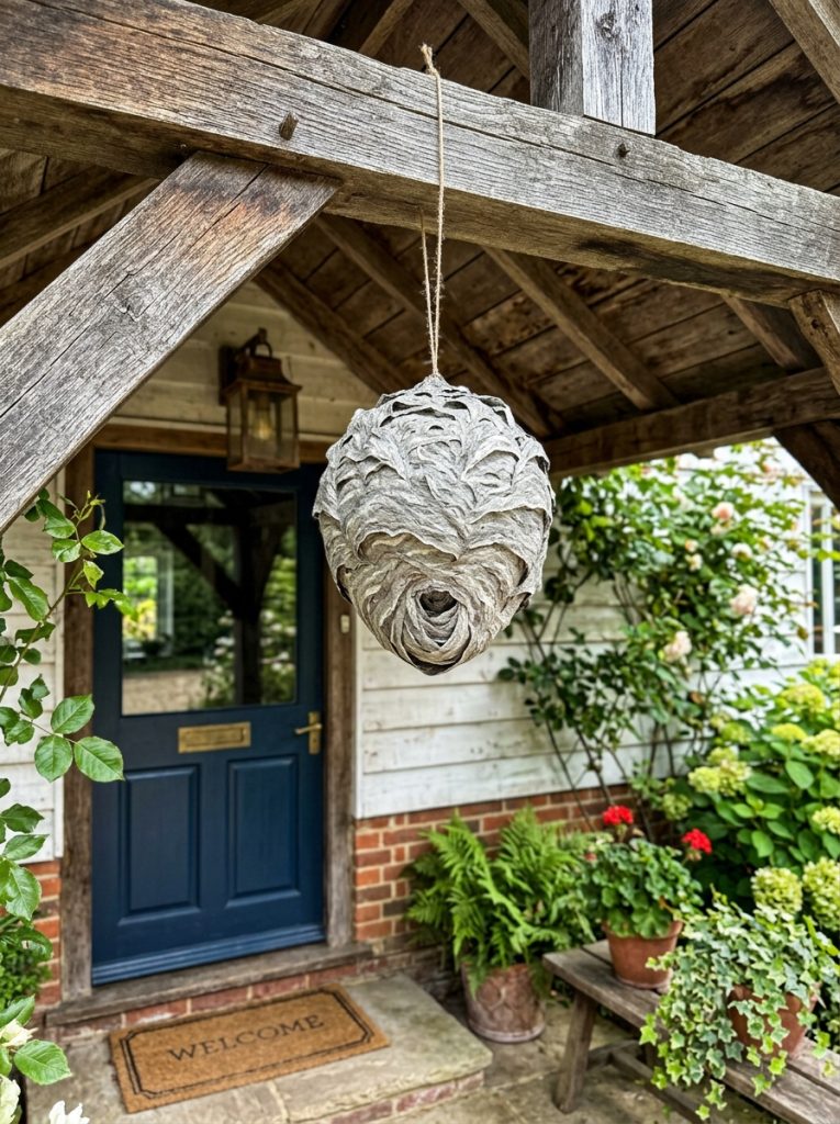 Fake paper wasp nest decoy hanging under porch roof to deter wasps from building