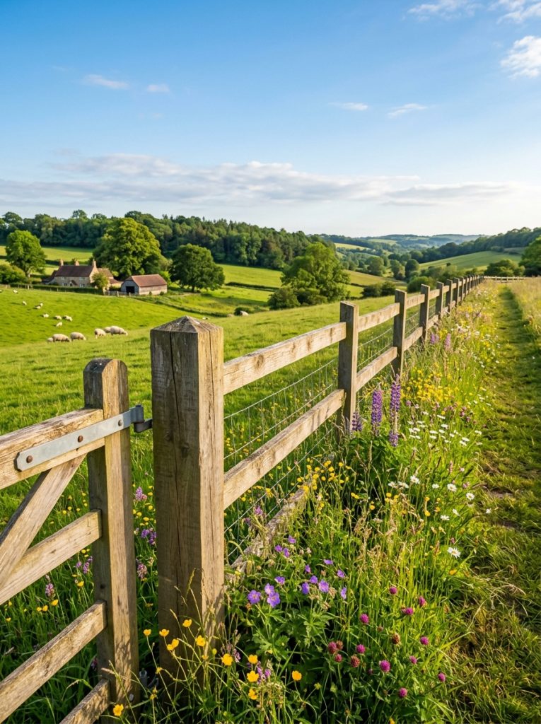 Beautiful farm fence along rural property boundary with post and wire construction native plants and wildflowers in sunny setting