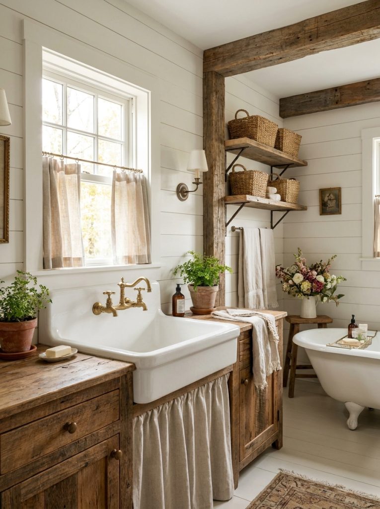  Beautiful farmhouse style french cottage bathroom with shiplap walls farmhouse sink vintage taps and wooden cottage accents 