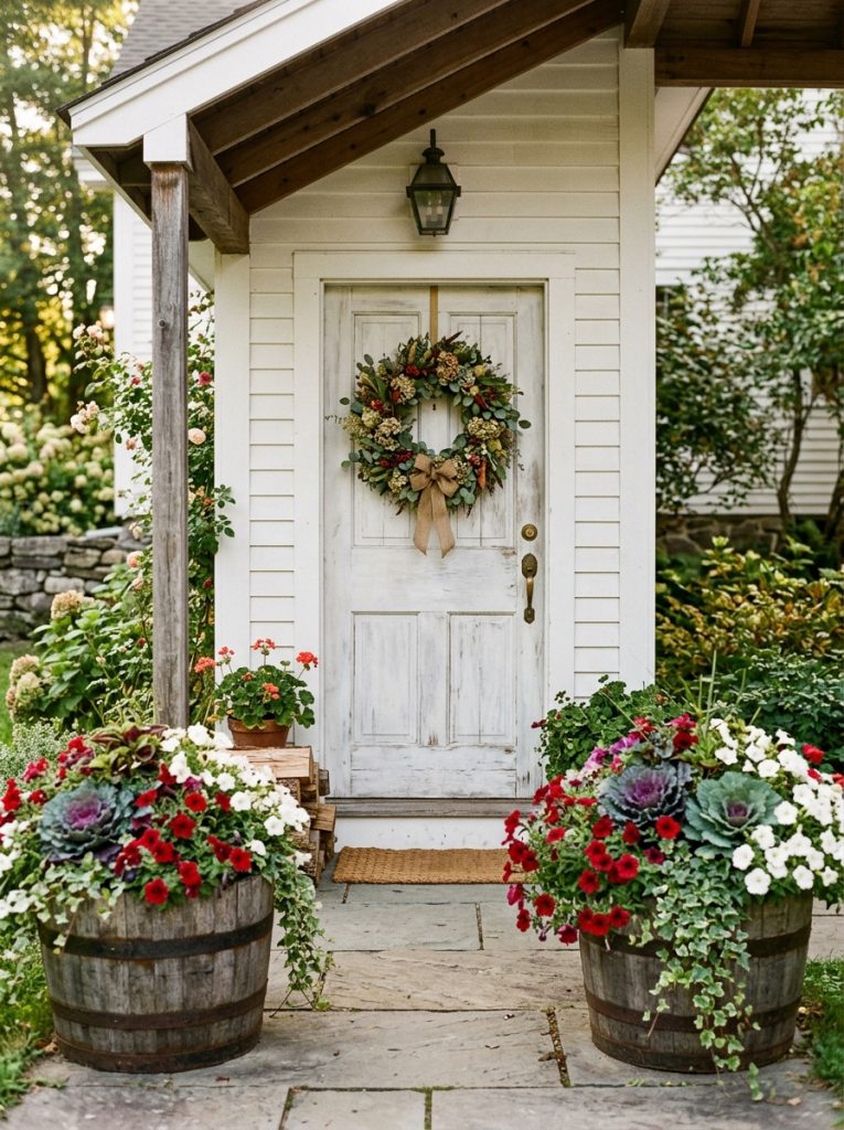 Wooden half barrel pots with petunias and ornamental kale at farmhouse front entrance