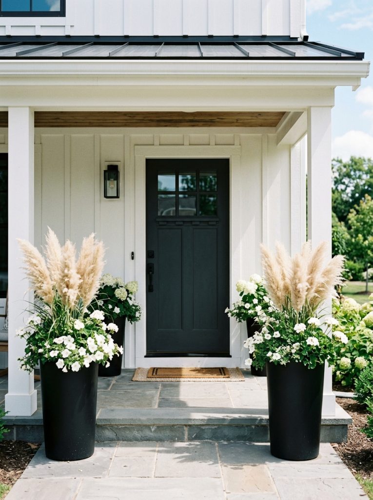 Tall black metal planters with pampas grass and white flowers at modern farmhouse entrance