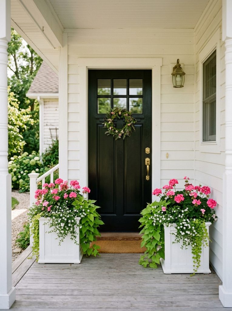 Large white farmhouse planters with pink geraniums and trailing vines flanking black front door