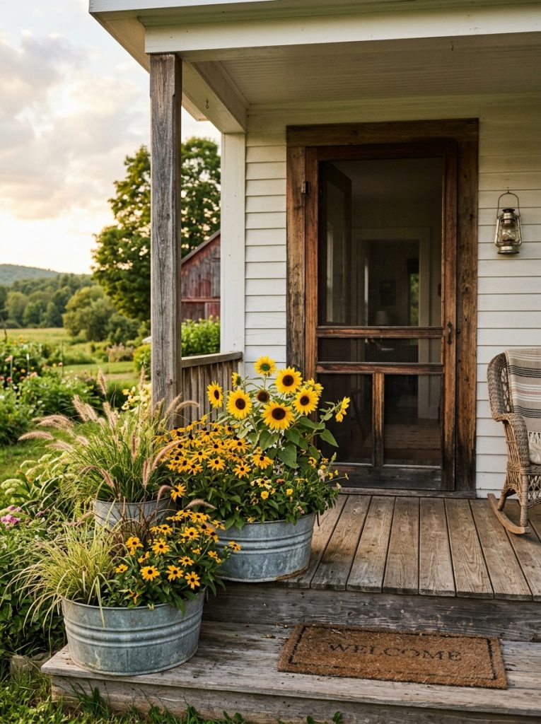 Galvanized metal tubs with sunflowers and black-eyed Susans on rustic farmhouse porch