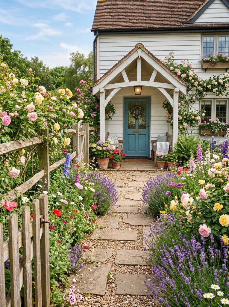  Charming farmhouse front walkway with rustic stone path lavender roses and wildflowers alongside wooden fence in warm entryway