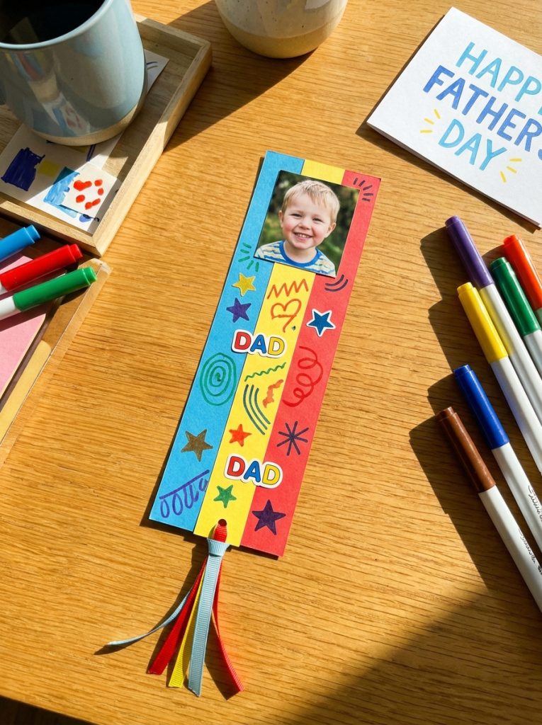  Simple fathers day photo bookmark with child photo colorful decorations and ribbon at top