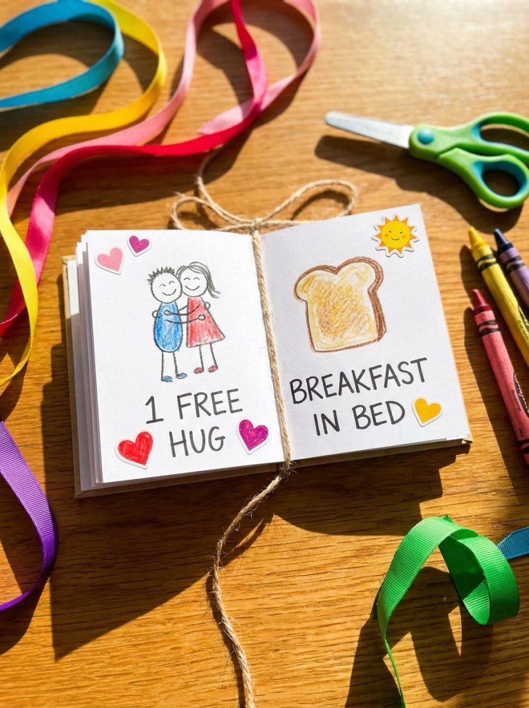 Cute handmade fathers day coupon book open showing free hug and breakfast in bed coupons