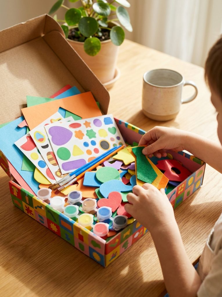 Colorful fathers day craft kit box open with supplies on bright table