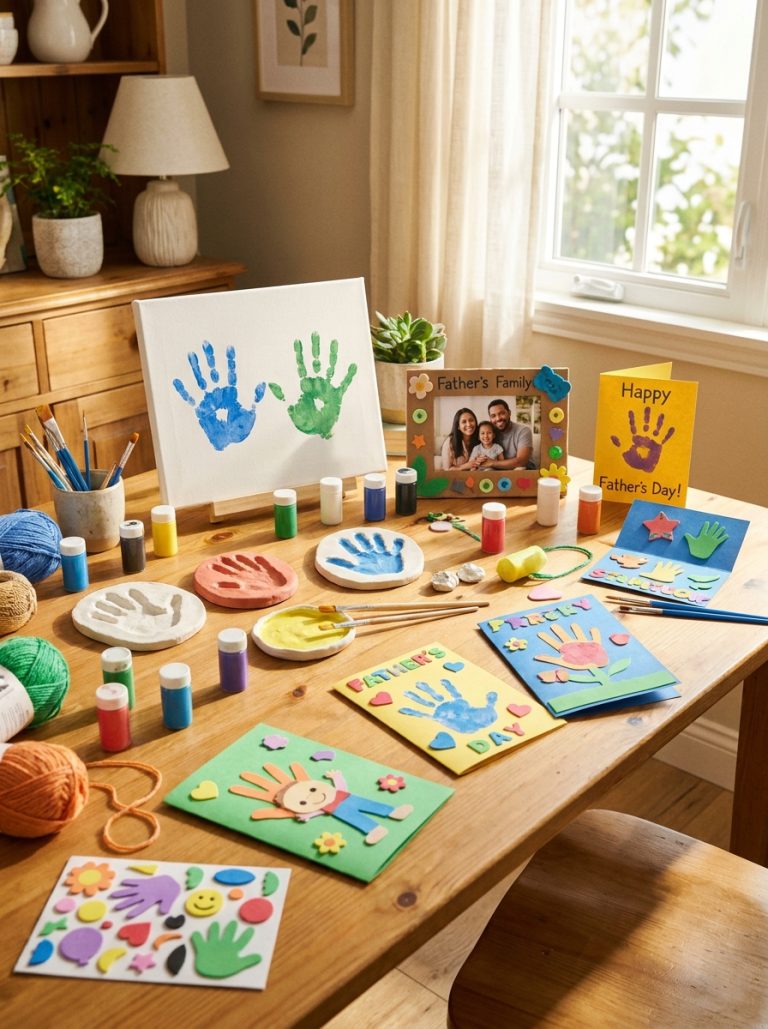 Beautiful display of fathers day crafts for kids on wooden table with craft supplies