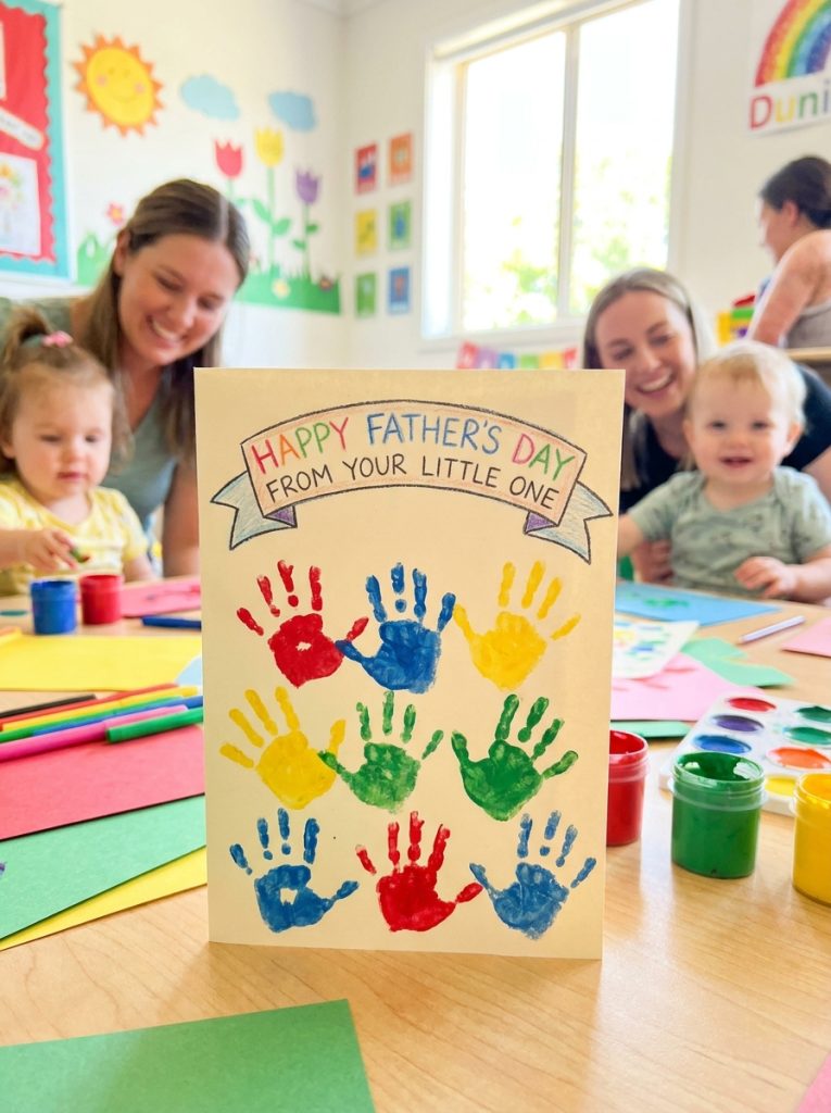 Sweet daycare fathers day handprint keepsake card with colorful handprints and message