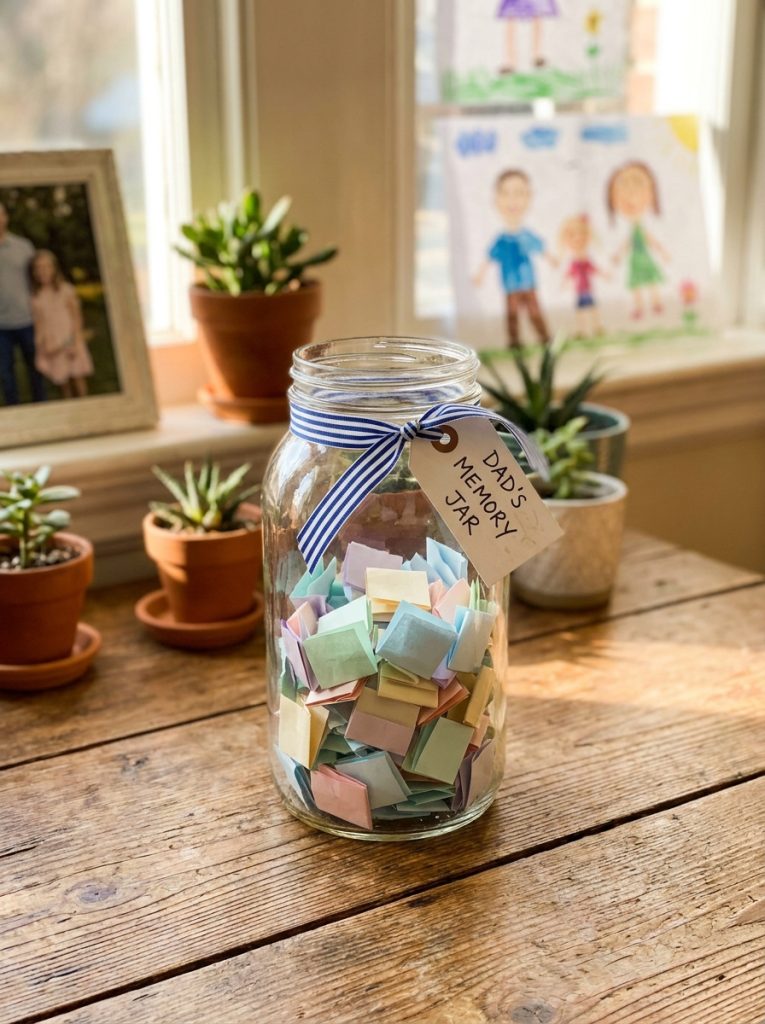 Sweet fathers day memory jar filled with colorful folded notes decorated with ribbon and tag