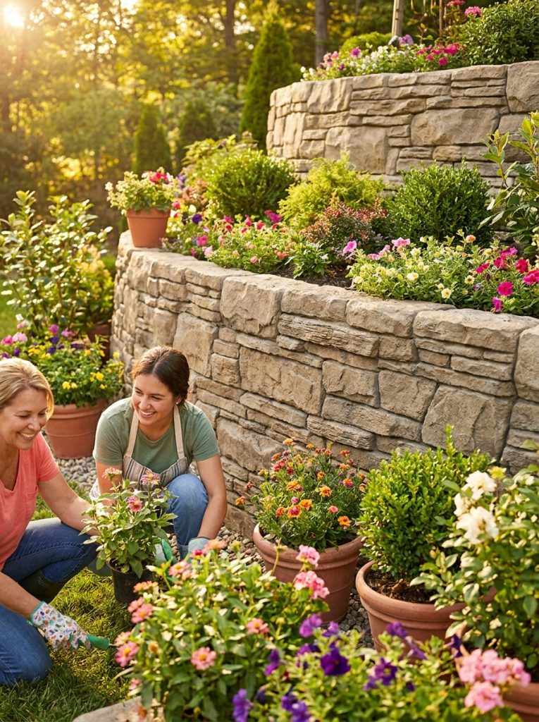 Realistic faux rock retaining wall with textured concrete blocks mimicking natural stacked stone in sunny garden