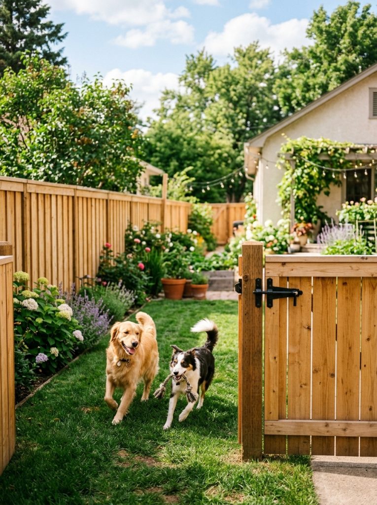 Simple practical fence keeping dogs secure with proper gate and latch dogs playing happily in sunny enclosed backyard
