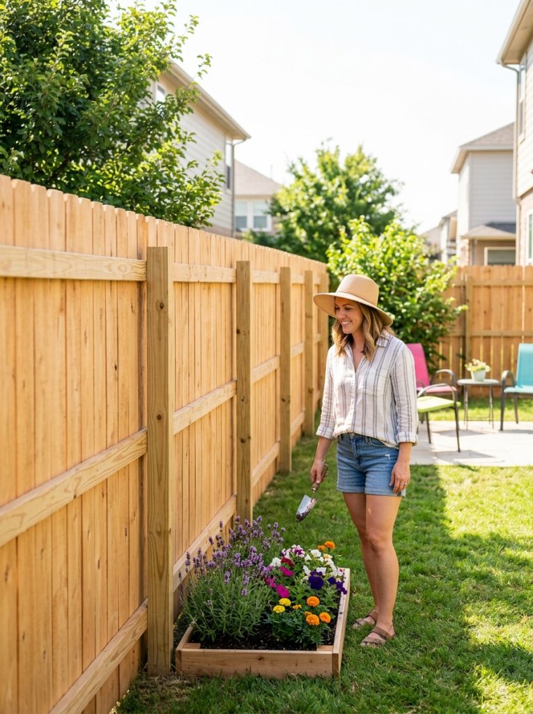 Beautiful cheap fence panel installation creating solid private backyard boundary in cheerful sunny garden