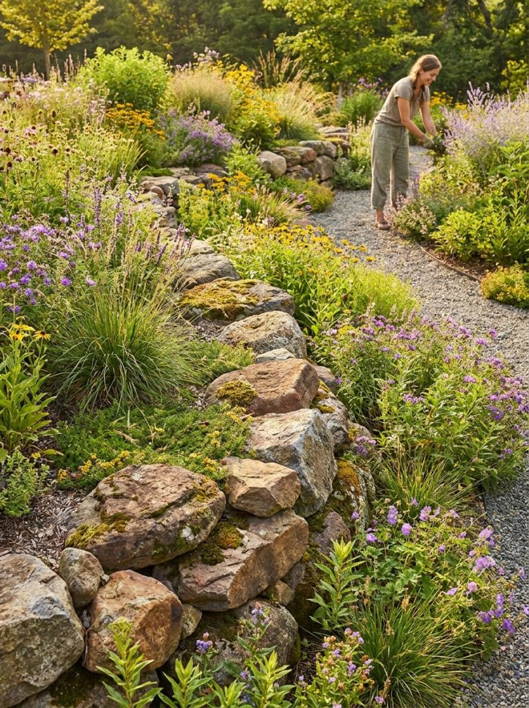 Beautiful field rock landscaping with irregular fieldstones of varied sizes placed naturally throughout organic sunny garden